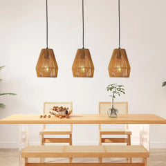 7" Set of 3 Rustic Hemp Rope Pendant Light, Handcrafted Farmhouse Hanging Light Fixture, Adjustable Height Ceiling Lamp for Kitchen Island, Dining Room, or Living Room, Natural Woven Design (No Bulbs)