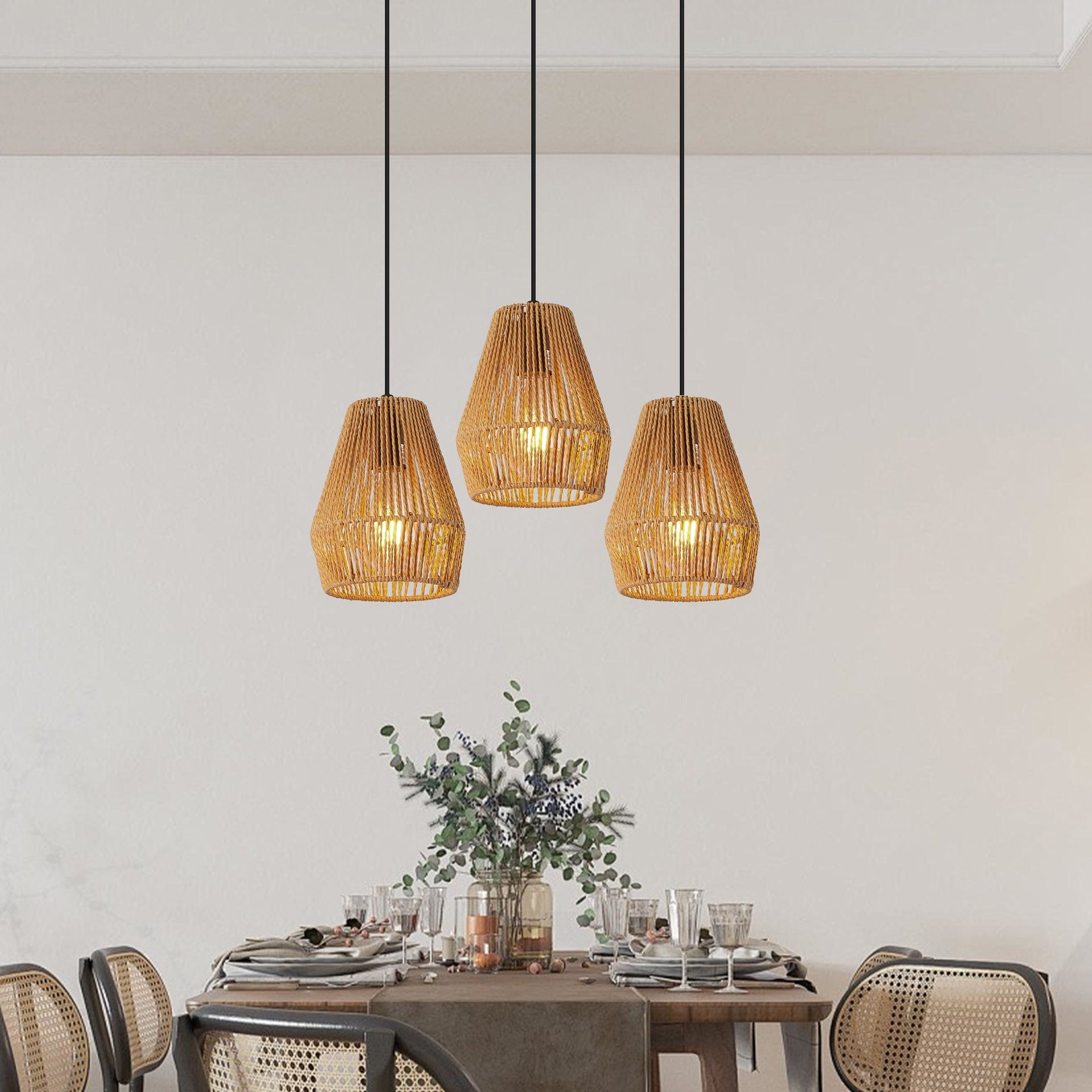 7" Set of 3 Rustic Hemp Rope Pendant Light, Handcrafted Farmhouse Hanging Light Fixture, Adjustable Height Ceiling Lamp for Kitchen Island, Dining Room, or Living Room, Natural Woven Design (No Bulbs)