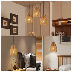 7" Set of 3 Rustic Hemp Rope Pendant Light, Handcrafted Farmhouse Hanging Light Fixture, Adjustable Height Ceiling Lamp for Kitchen Island, Dining Room, or Living Room, Natural Woven Design (No Bulbs)