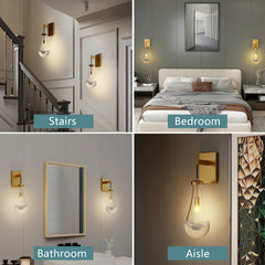 Brass Wall Sconce, Modern Raindrop Glass Shade, Dimmable LED E12 Bulb, Fits Bathroom, Vanity, Living Room, Brass, 1 Pack