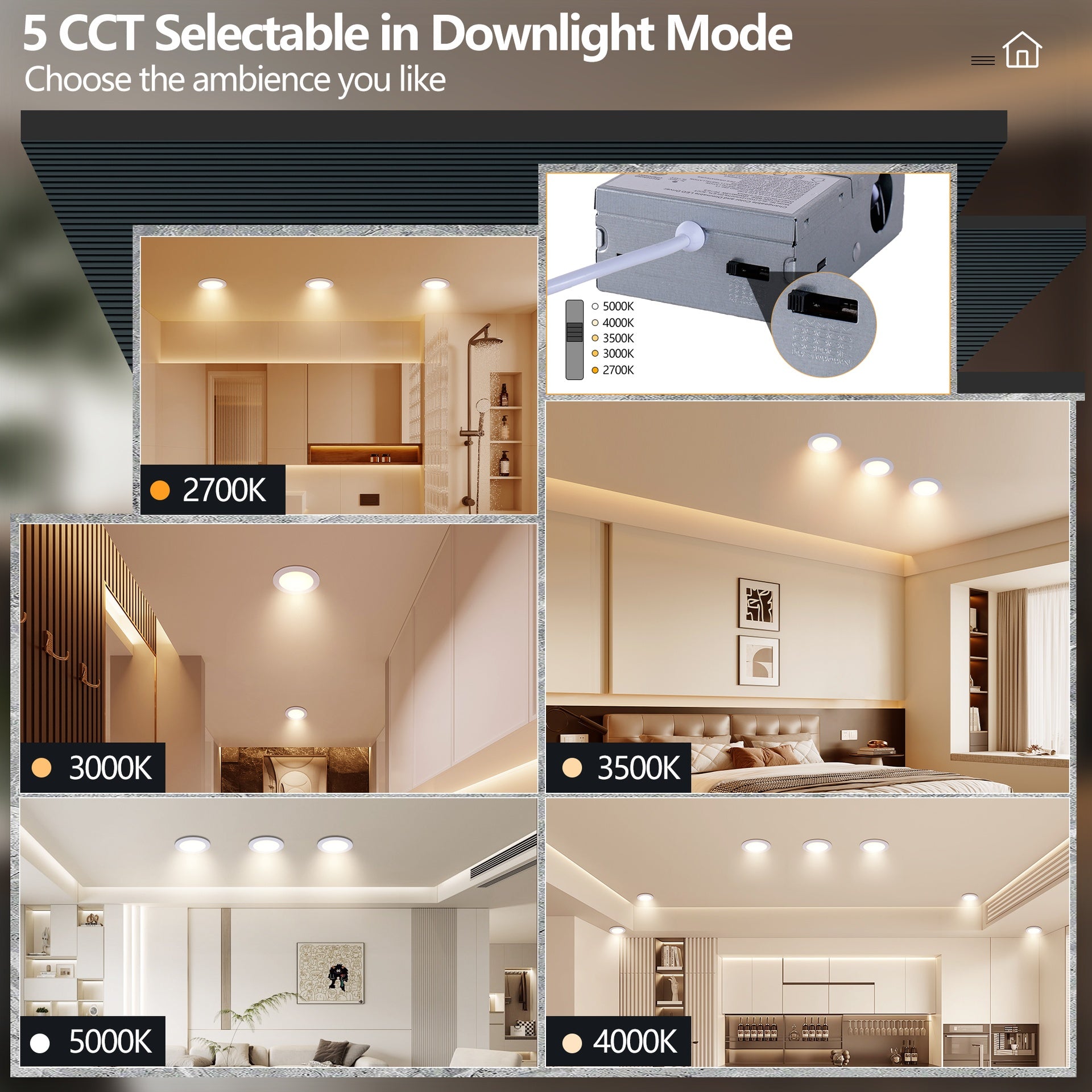 12 Pack 6 Inch White LED Recessed Ceiling Light, Dimmable, 2700K-5000K 5CCT, 1200LM 12W 120V, High Brightness Canless Wafer Downlight
