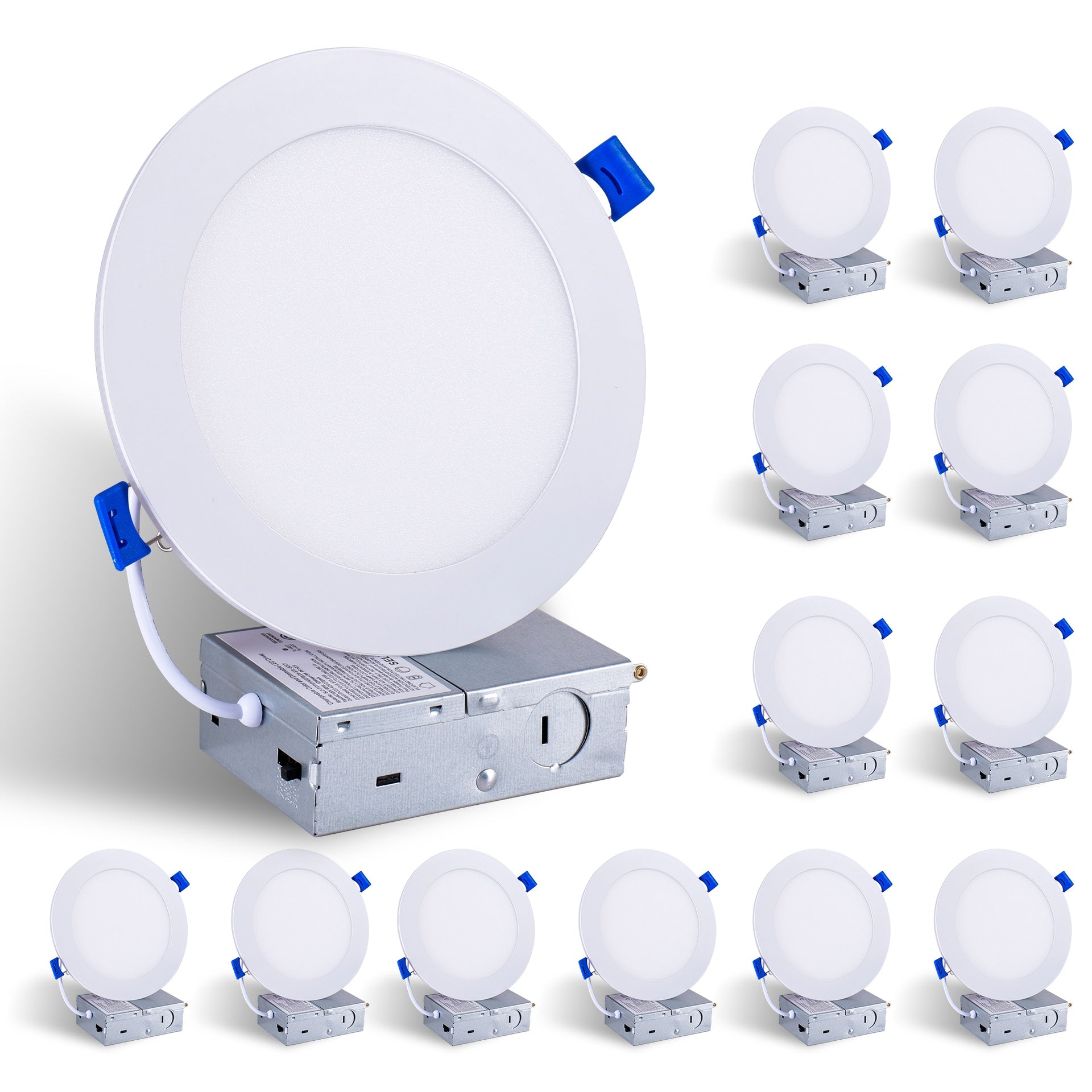 12 Pack 6 Inch White LED Recessed Ceiling Light, Dimmable, 2700K-5000K 5CCT, 1200LM 12W 120V, High Brightness Canless Wafer Downlight