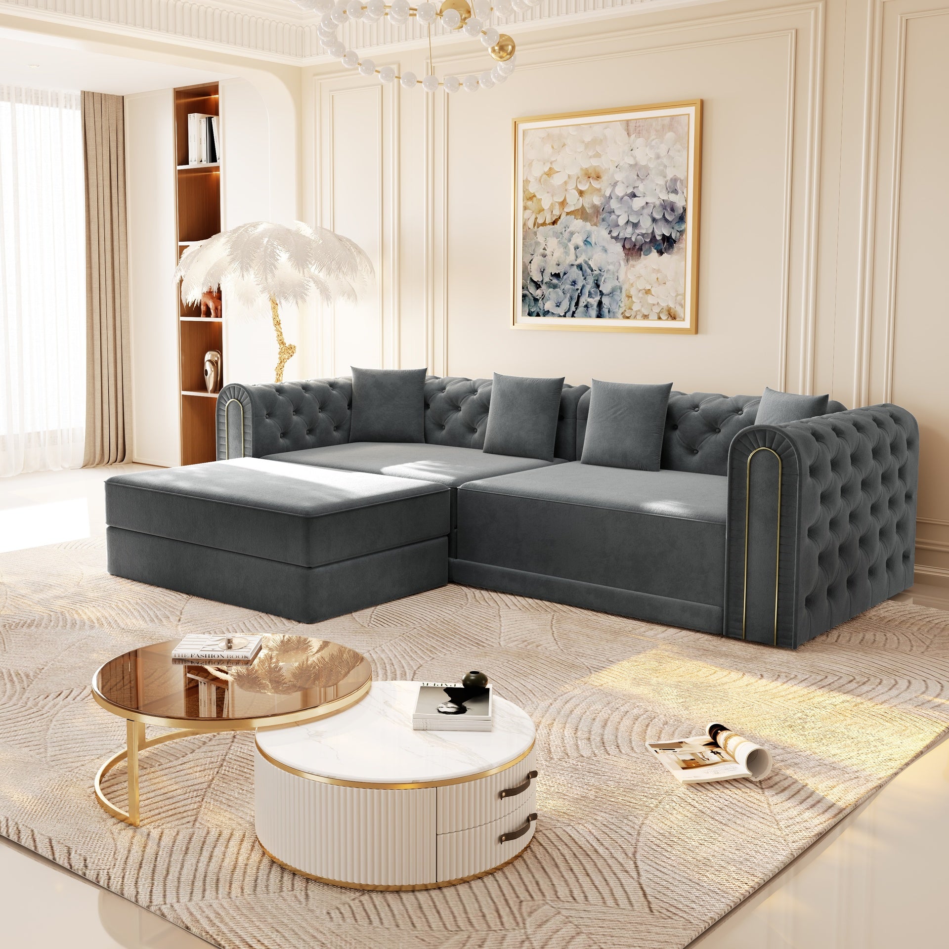 90.6" 3-in-1 Convertible Sleeper Sofa,Elegant Modern Couch with Button Tufted and Gold Edge Trim,3-Seater Couch with Movable Ottoman for Living Room,Apartment,Office,Bedroom,Dark Grey