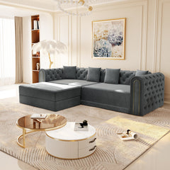 90.6" 3-in-1 Convertible Sleeper Sofa,Elegant Modern Couch with Button Tufted and Gold Edge Trim,3-Seater Couch with Movable Ottoman for Living Room,Apartment,Office,Bedroom,Dark Grey