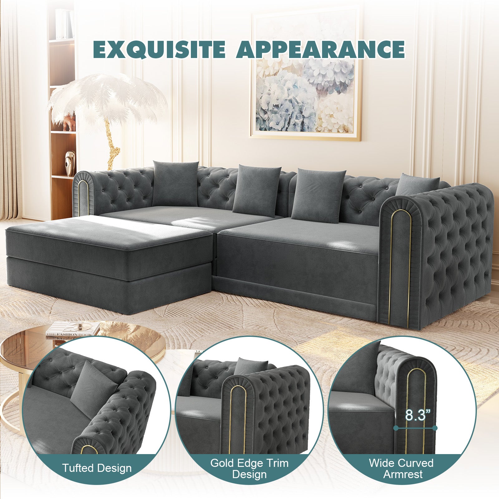 90.6" 3-in-1 Convertible Sleeper Sofa,Elegant Modern Couch with Button Tufted and Gold Edge Trim,3-Seater Couch with Movable Ottoman for Living Room,Apartment,Office,Bedroom,Dark Grey