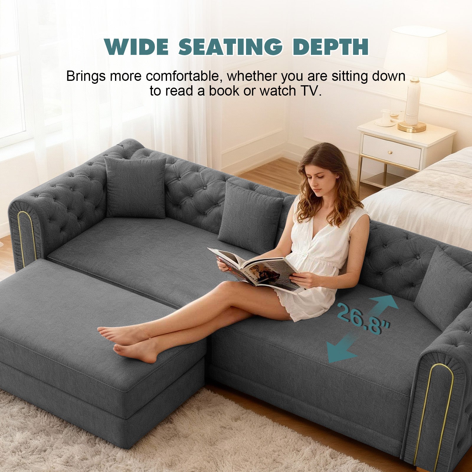 90.6" 3-in-1 Convertible Sleeper Sofa,Elegant Modern Couch with Button Tufted and Gold Edge Trim,3-Seater Couch with Movable Ottoman for Living Room,Apartment,Office,Bedroom,Dark Grey