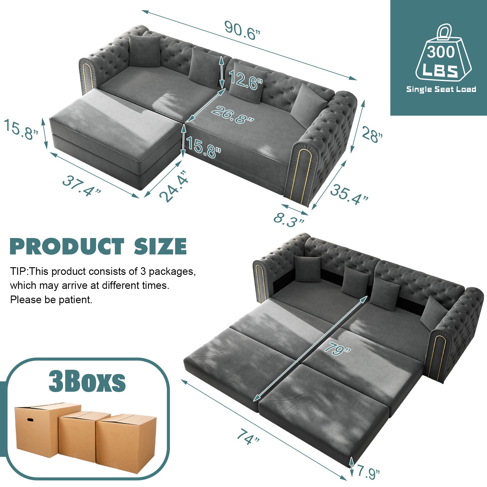 90.6" 3-in-1 Convertible Sleeper Sofa,Elegant Modern Couch with Button Tufted and Gold Edge Trim,3-Seater Couch with Movable Ottoman for Living Room,Apartment,Office,Bedroom,Dark Grey