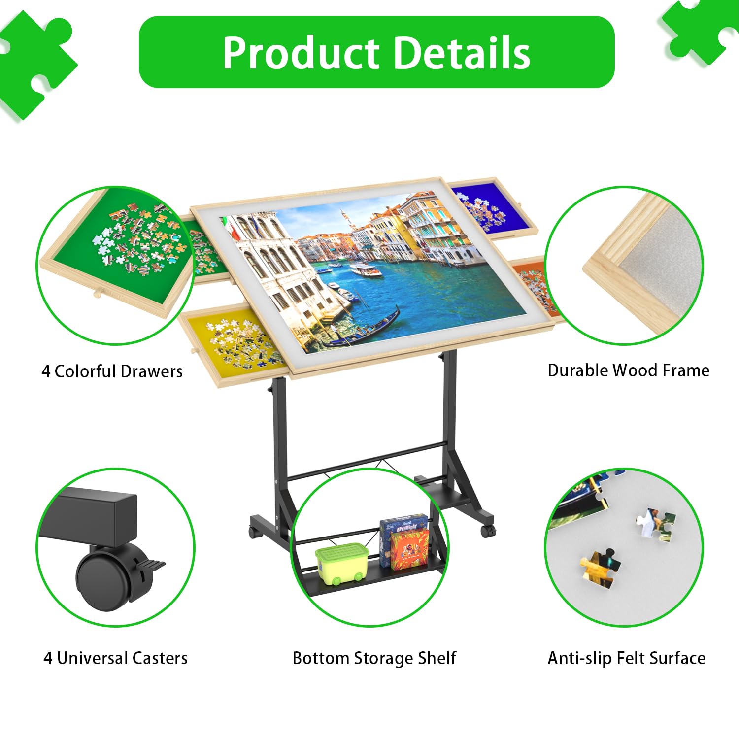 Wooden 1500 Piece Puzzle Table with Drawer, 35"*27.17" Adjustable Puzzle Table, 360° Tilting Puzzle Table with Legs and Wheels, Adjustable Height and Angle, with Protective Cover