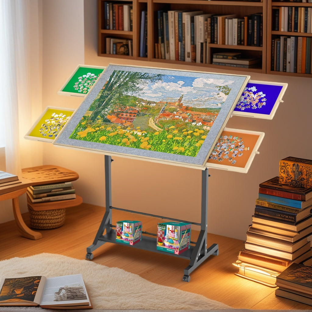 Wooden 1500 Piece Puzzle Table with Drawer, 35"*27.17" Adjustable Puzzle Table, 360° Tilting Puzzle Table with Legs and Wheels, Adjustable Height and Angle, with Protective Cover