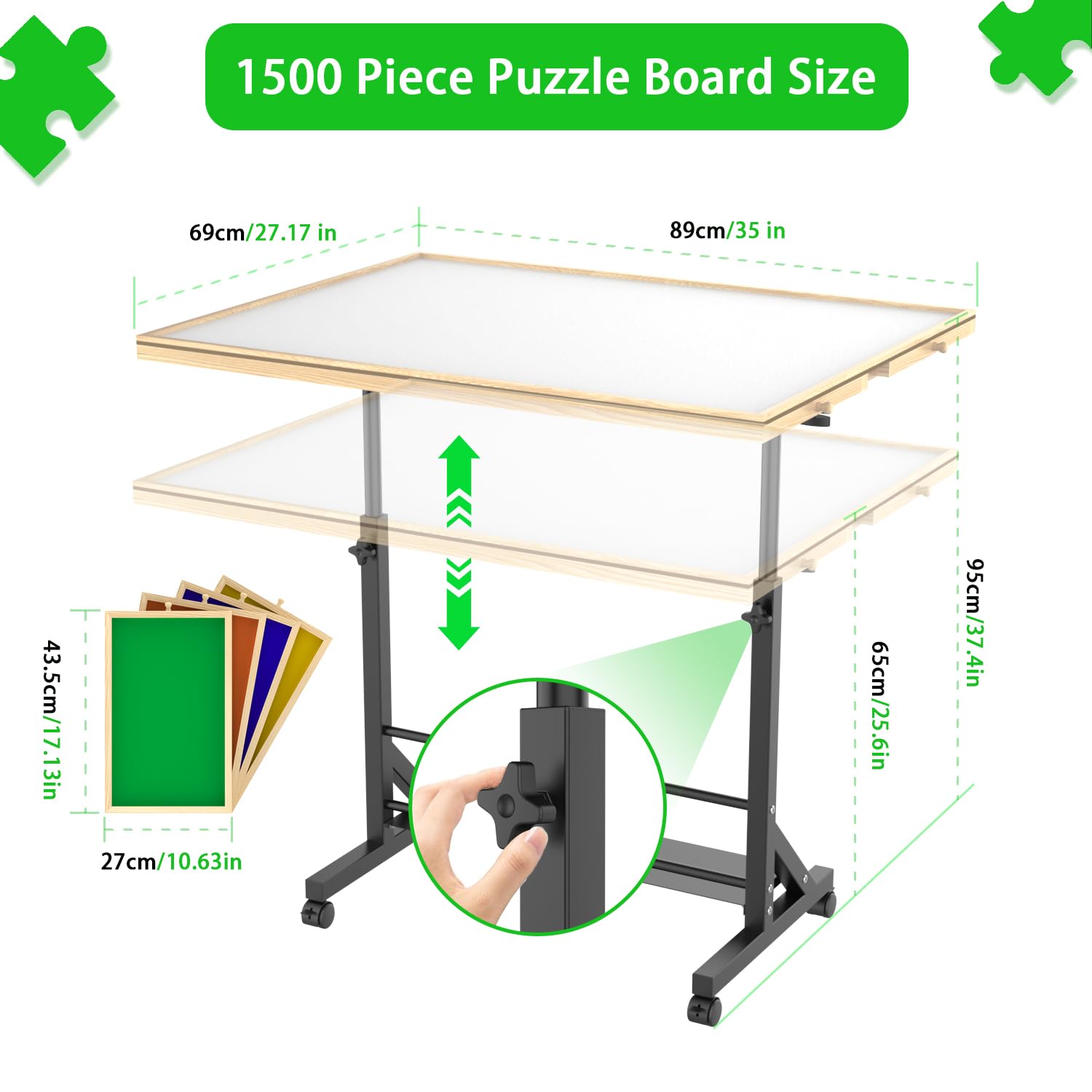 Wooden 1500 Piece Puzzle Table with Drawer, 35"*27.17" Adjustable Puzzle Table, 360° Tilting Puzzle Table with Legs and Wheels, Adjustable Height and Angle, with Protective Cover