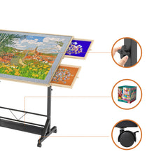 Wooden 1500 Piece Puzzle Table with Drawer, 35"*27.17" Adjustable Puzzle Table, 360° Tilting Puzzle Table with Legs and Wheels, Adjustable Height and Angle, with Protective Cover