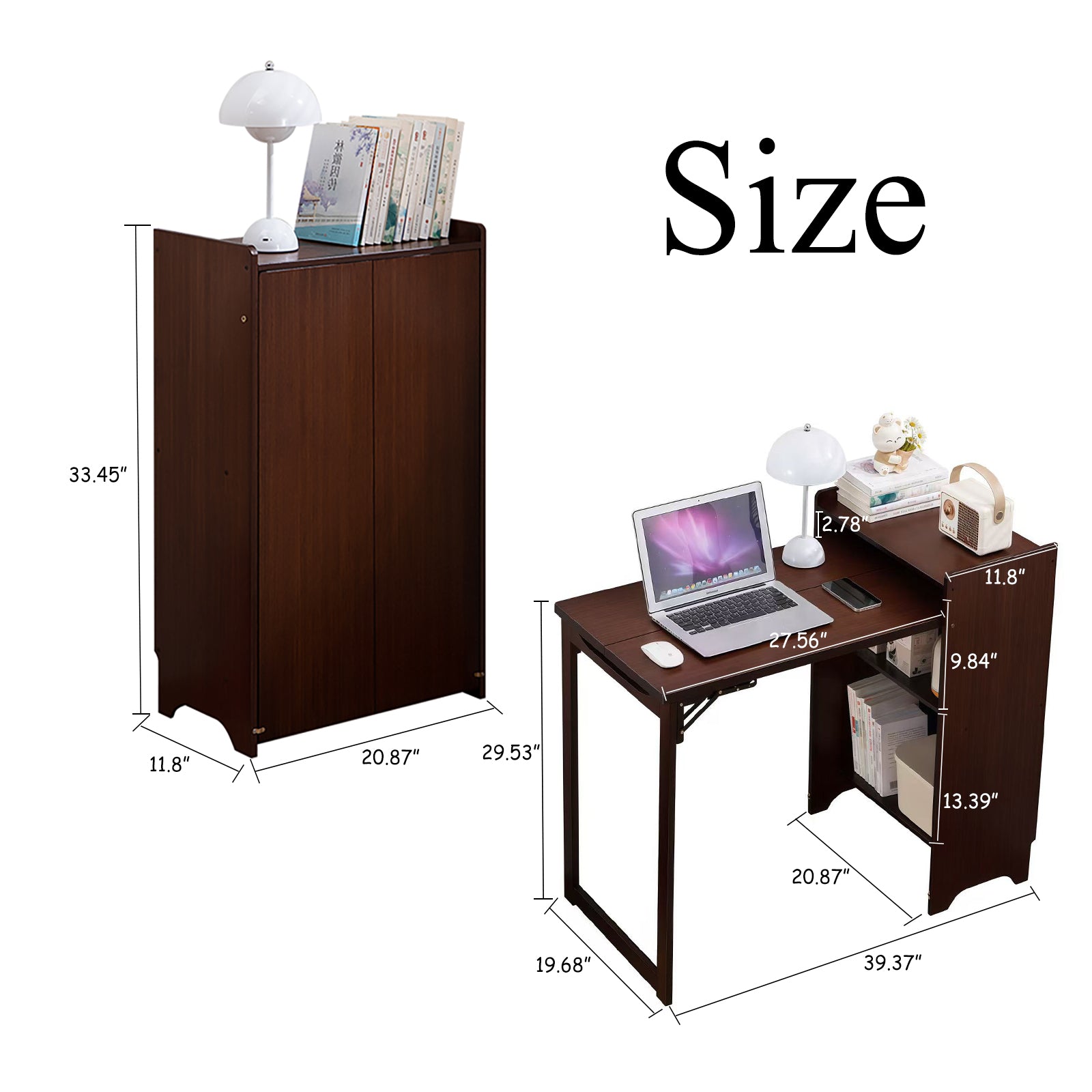 Bamboo Folding Desk, Foldable Desk for Small Space, Computer Desk with Hidden Storage, Mid Century Foldable Table for Home Office and Bedroom (Walnut Brown)