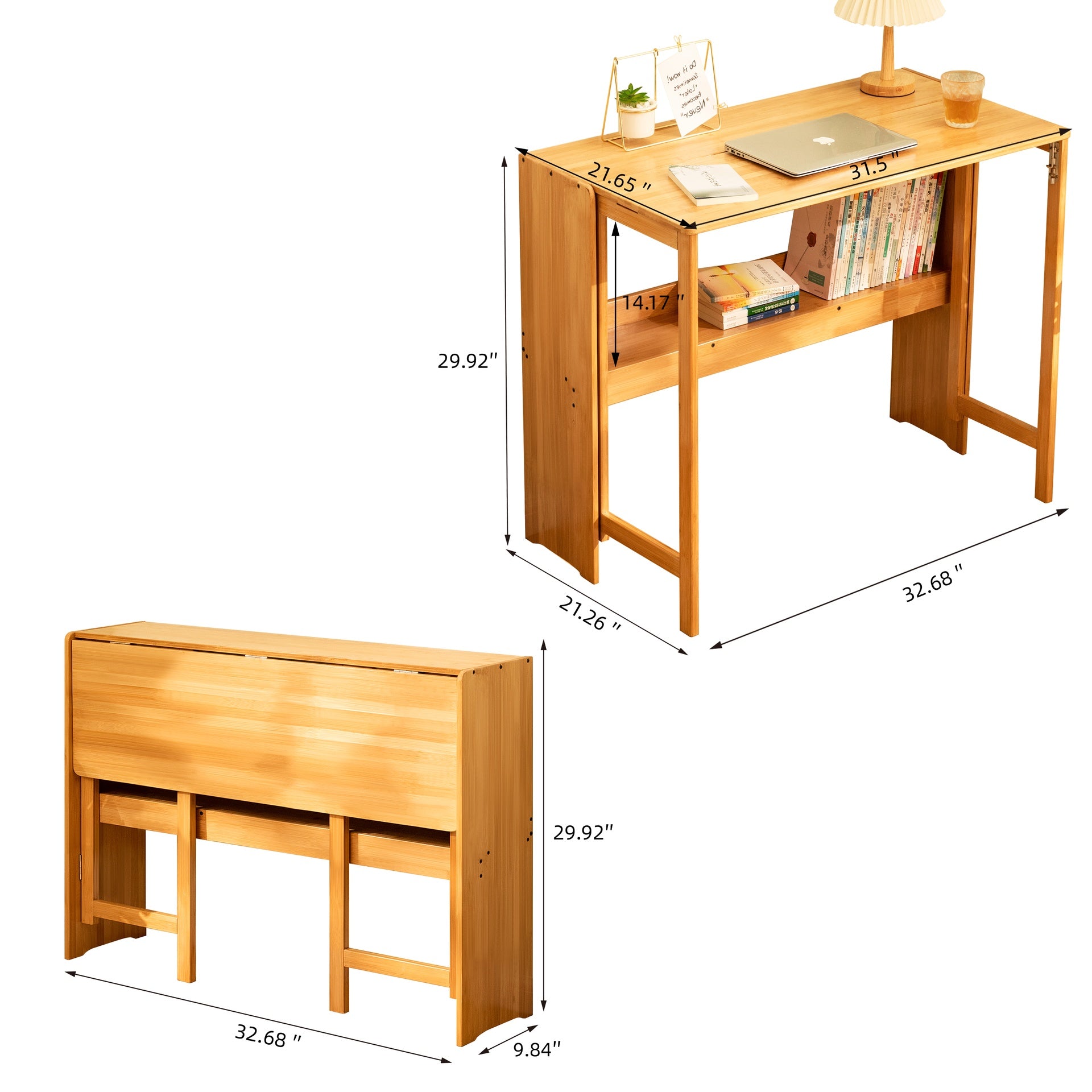 Bamboo Folding Desk, Space-Saving Computer Desk for Small Spaces, Foldable Study Table for Bedroom, Home Office, Dorm, Apartment, Natural Color