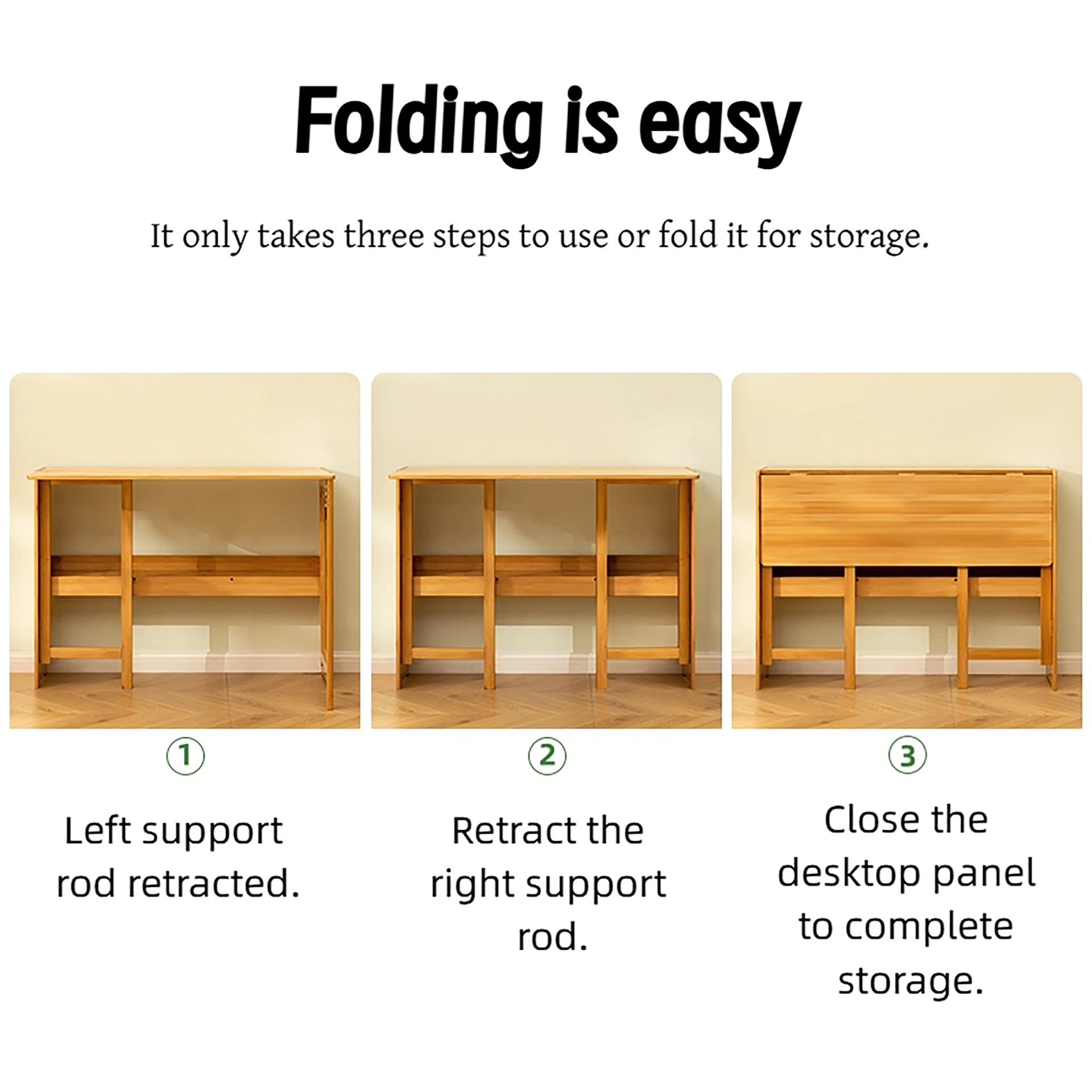 Bamboo Folding Desk, Space-Saving Computer Desk for Small Spaces, Foldable Study Table for Bedroom, Home Office, Dorm, Apartment, Natural Color