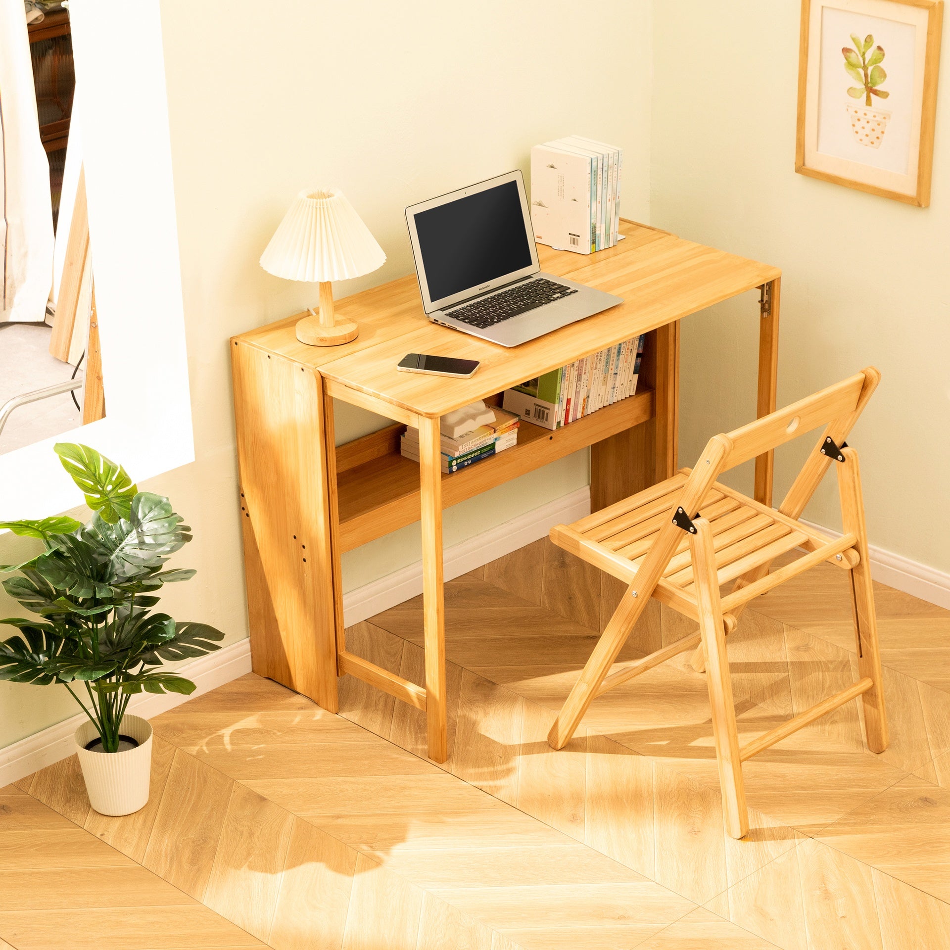 Bamboo Folding Desk, Space-Saving Computer Desk for Small Spaces, Foldable Study Table for Bedroom, Home Office, Dorm, Apartment, Natural Color