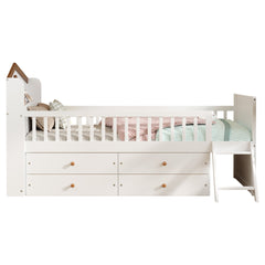 Twin Bed Frame with Storage 4 Drawers,Wooden Bed Frame for Kids,Platform Twin Size Bed with Guardrail Headboard and Ladder, No Box Spring Needed, Easy Assembly, White