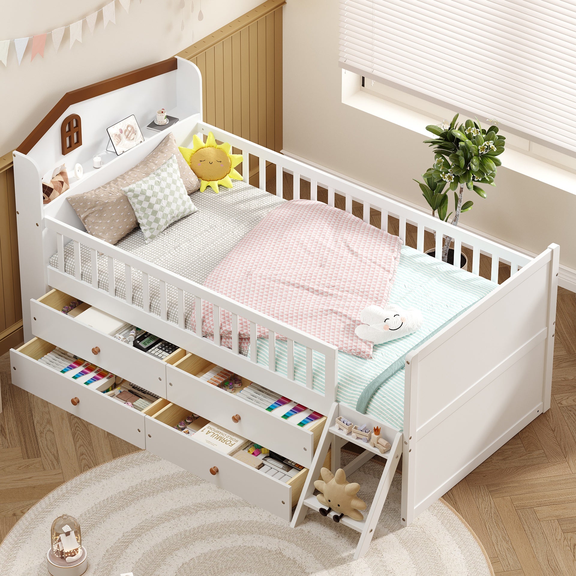 Twin Bed Frame with Storage 4 Drawers,Wooden Bed Frame for Kids,Platform Twin Size Bed with Guardrail Headboard and Ladder, No Box Spring Needed, Easy Assembly, White