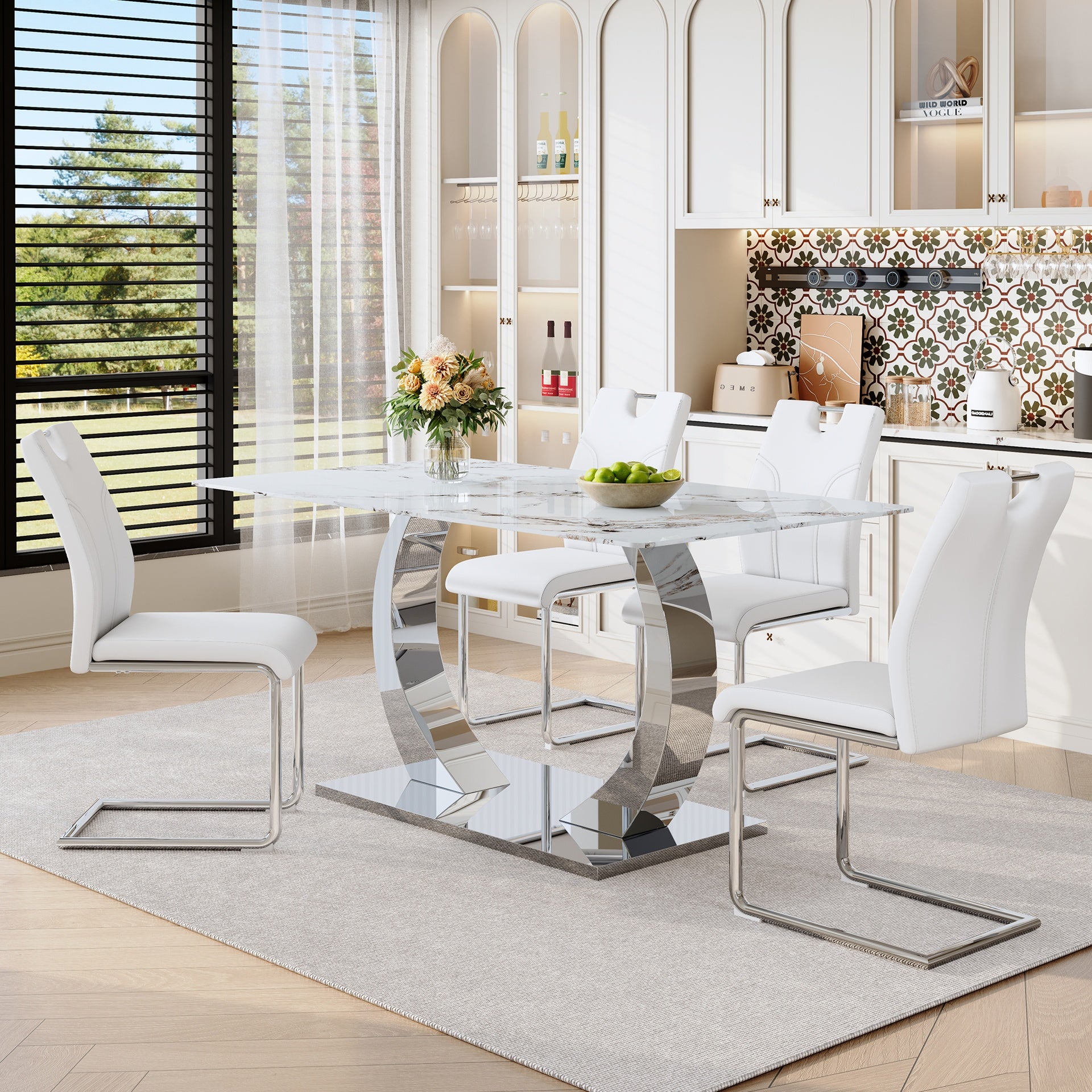 Luxury Modern 63-inch Dining Table Set with 4 Upholstered Chairs, White Tempered Glass Rock Top & Adjustable Stainless Steel Base, Convertible Table for Multiple Diners, Fashion Home Furniture