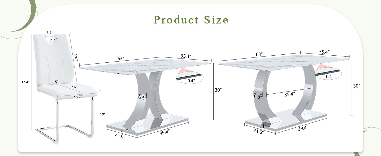 Luxury Modern 63-inch Dining Table Set with 4 Upholstered Chairs, White Tempered Glass Rock Top & Adjustable Stainless Steel Base, Convertible Table for Multiple Diners, Fashion Home Furniture