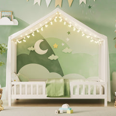 Montessori Floor Bed with Canopy, Twin Bed Frame for Kids, House Shape Kids Bed Frame with High Railings, Wood Kids Bed with Roof, Kid Twin Bed, White