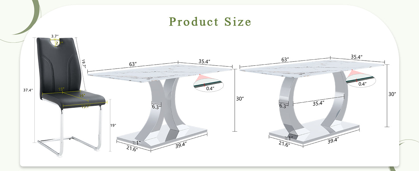 Switchable Mode Stainless Steel Legs Dining Set: 63-inch White Tempered Glass Top & 4 U-Shaped Armchairs (Black/White)  Modern Minimalist Style