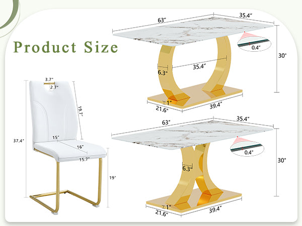Marble-Veined Tempered Glass Dining Set with Gold Accents: 63-inch Transformable Table & 6 U-Shaped Armchairs  Modern Minimalist Style