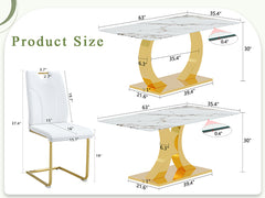 Marble-Veined Tempered Glass Dining Set with Gold Accents: 63-inch Transformable Table & 6 U-Shaped Armchairs  Modern Minimalist Style
