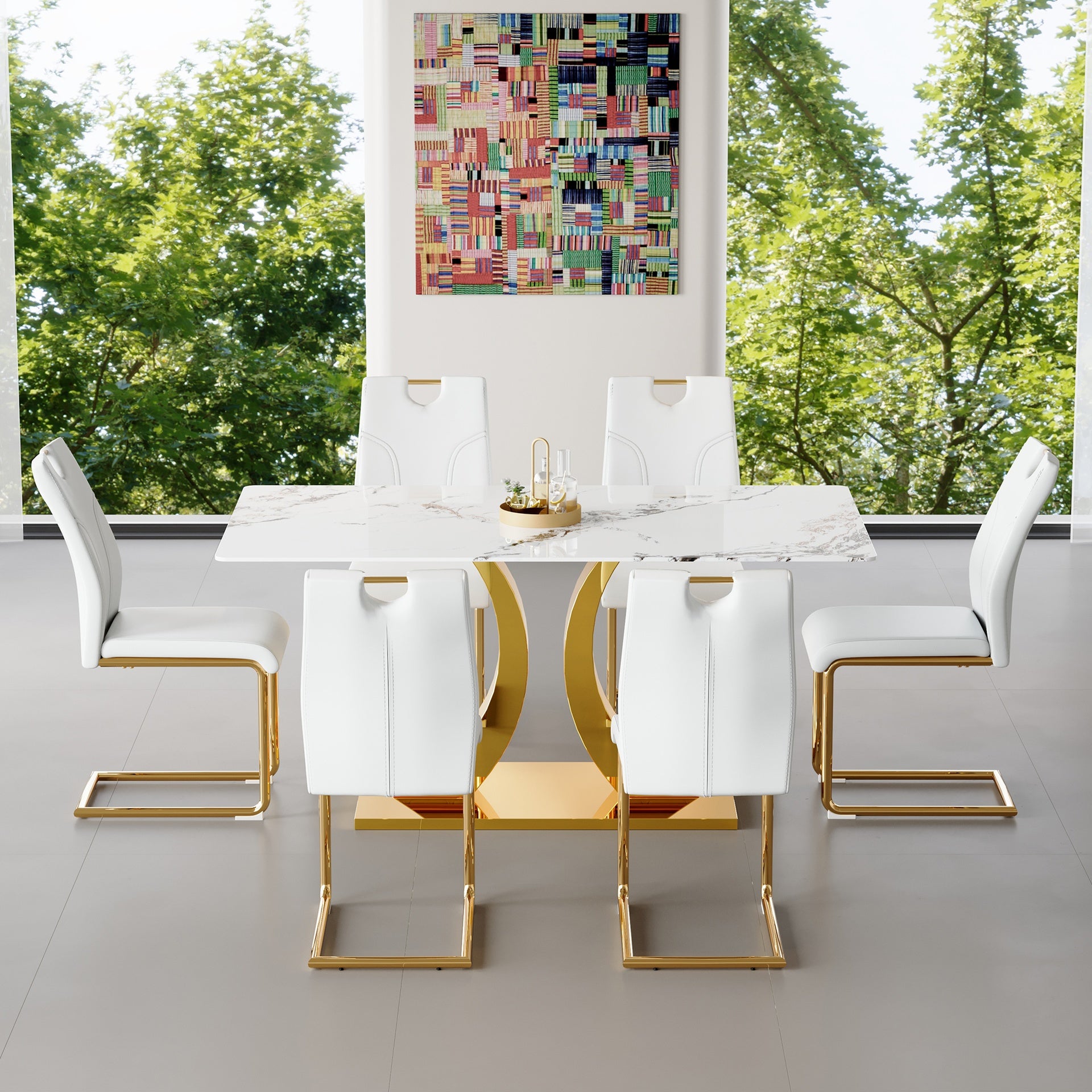 Marble-Veined Tempered Glass Dining Set with Gold Accents: 63-inch Transformable Table & 6 U-Shaped Armchairs  Modern Minimalist Style