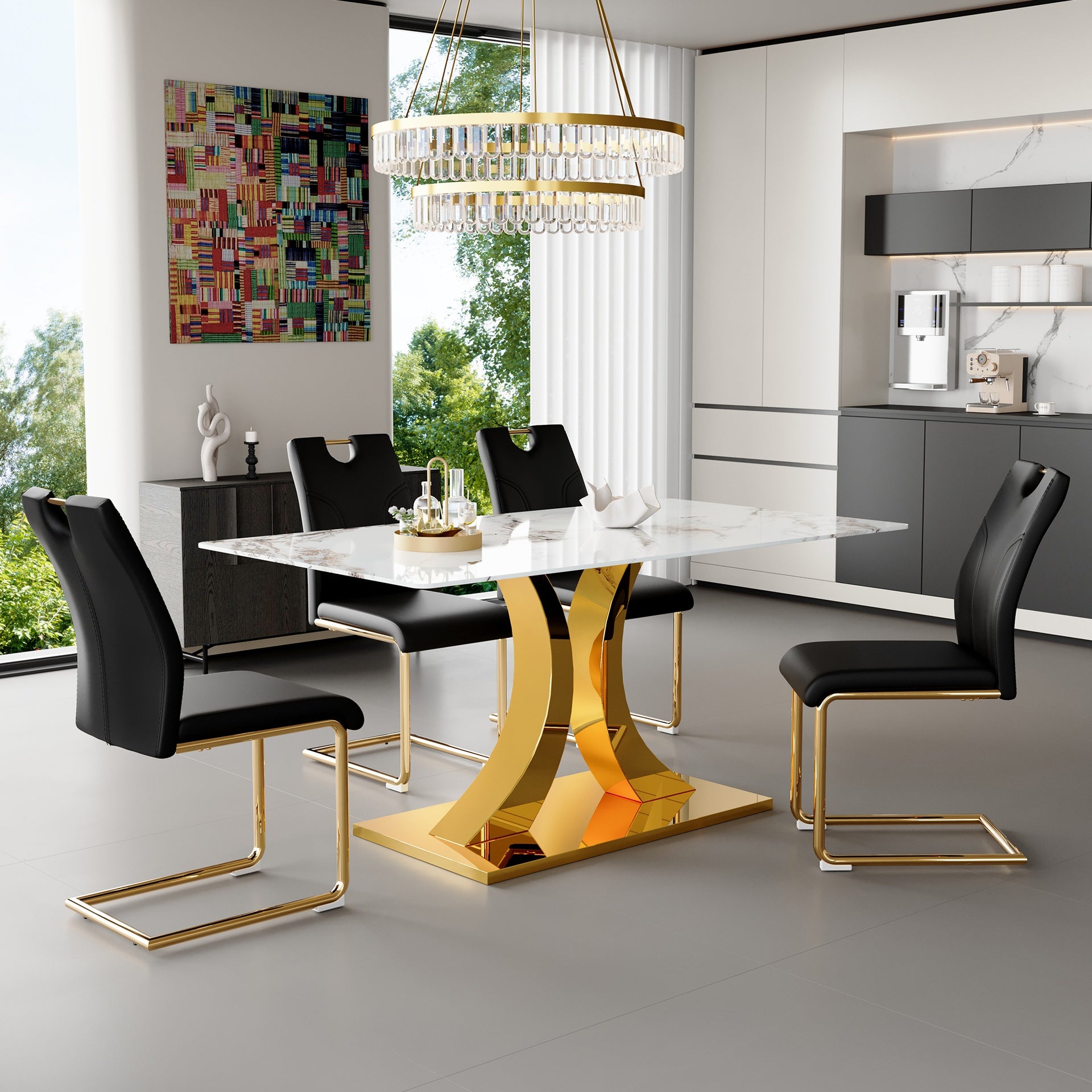 Marble-patterned pressed glass dining table and chair set with gold decoration: 63-inch foldable dining table and 4 U-shaped armchairs (black) - modern and minimalist style