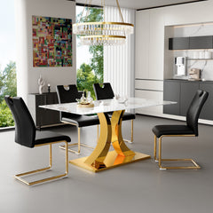 Marble-patterned pressed glass dining table and chair set with gold decoration: 63-inch foldable dining table and 4 U-shaped armchairs (black) - modern and minimalist style