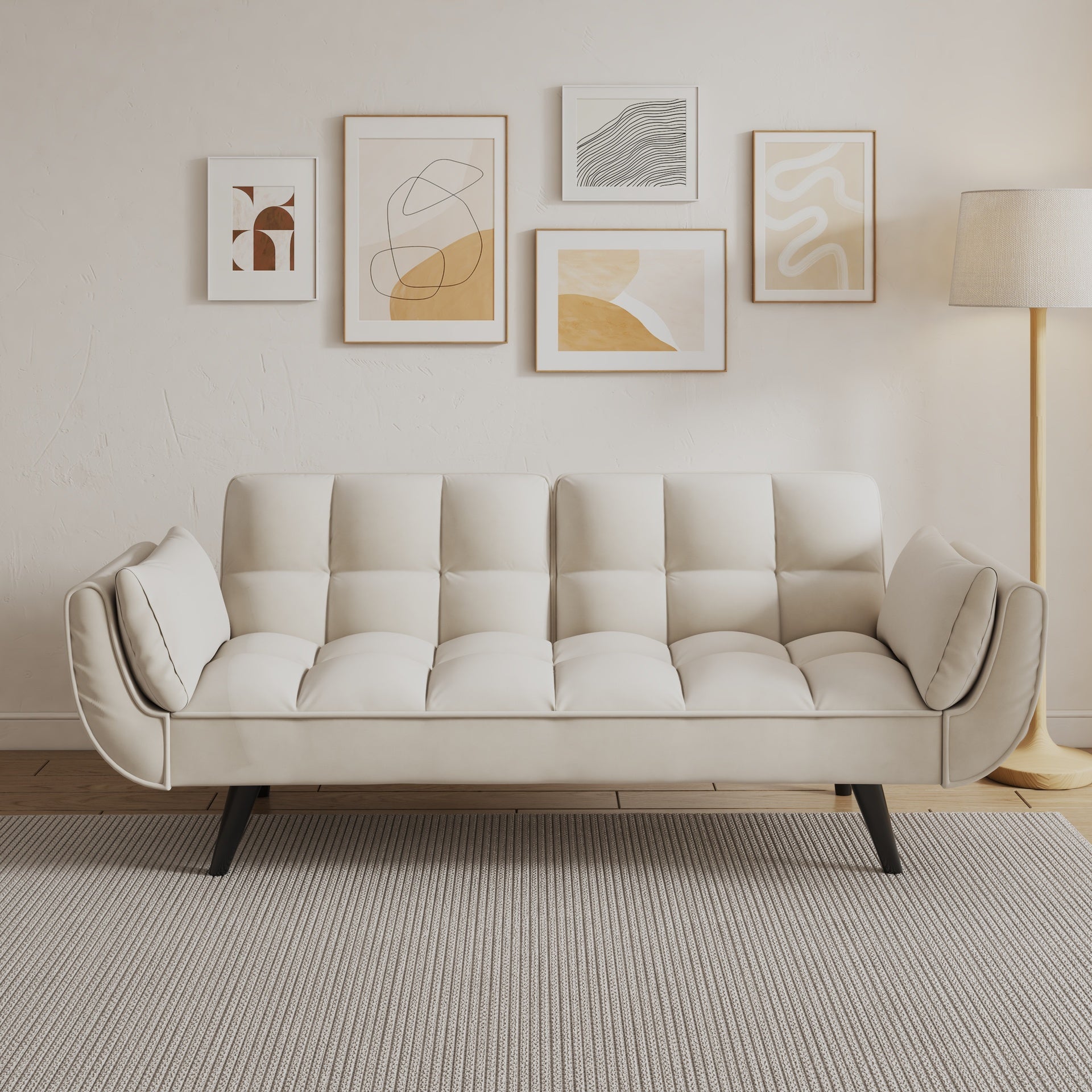 74 inch beige sofa soft two armrests throw pillow pillow comfortable fit apartment bedroom small space