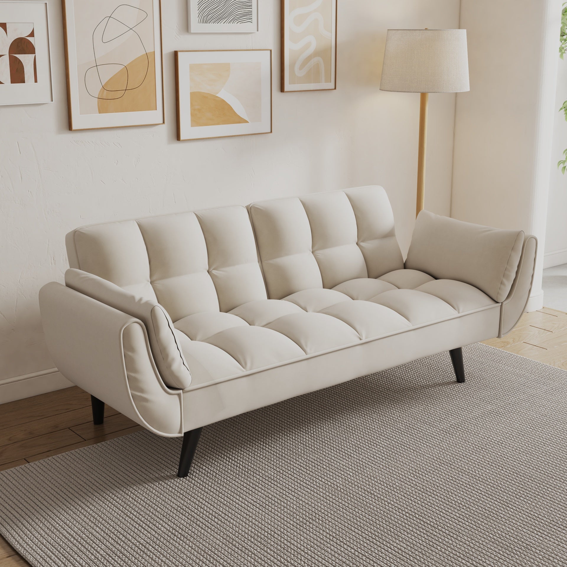 74 inch beige sofa soft two armrests throw pillow pillow comfortable fit apartment bedroom small space