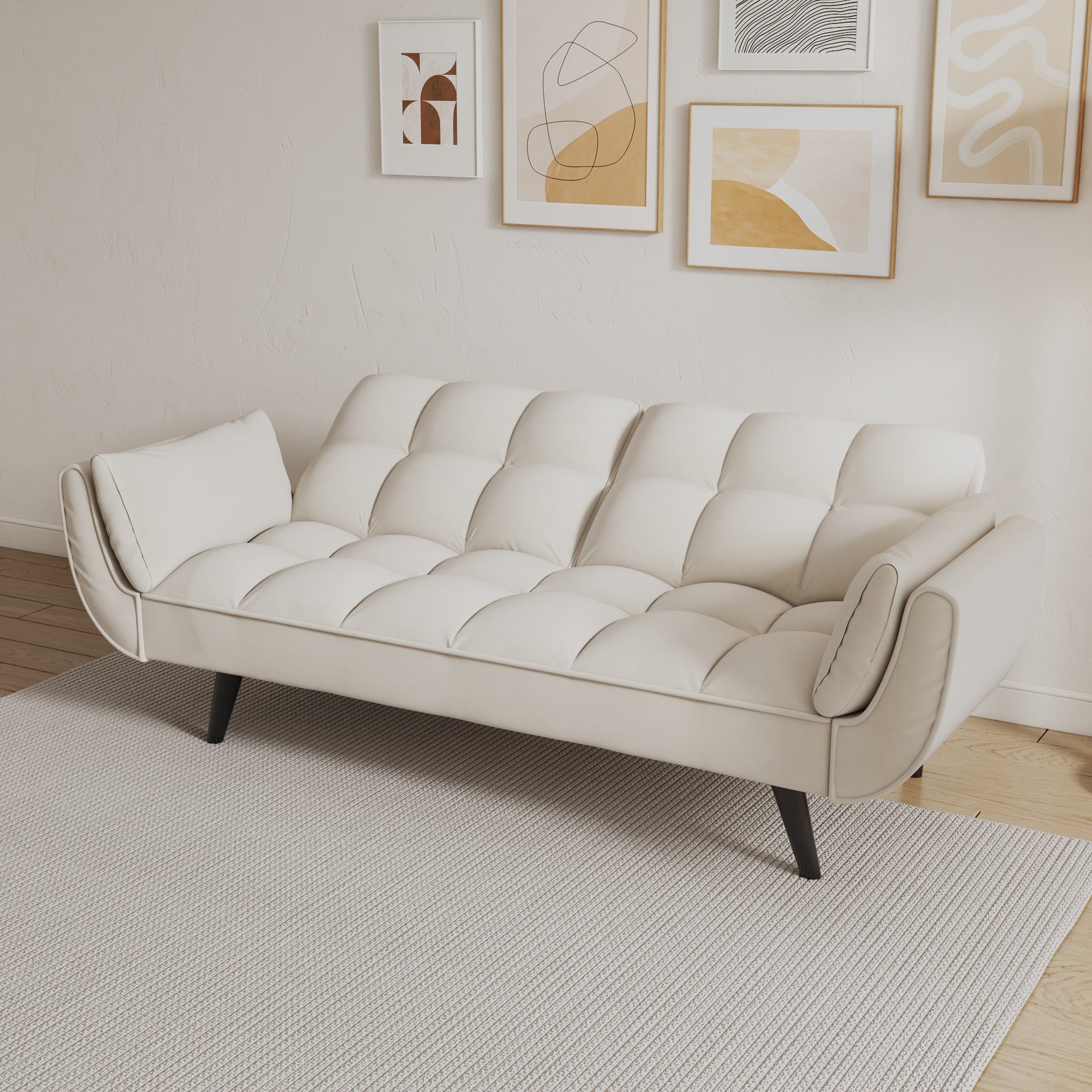 74 inch beige sofa soft two armrests throw pillow pillow comfortable fit apartment bedroom small space