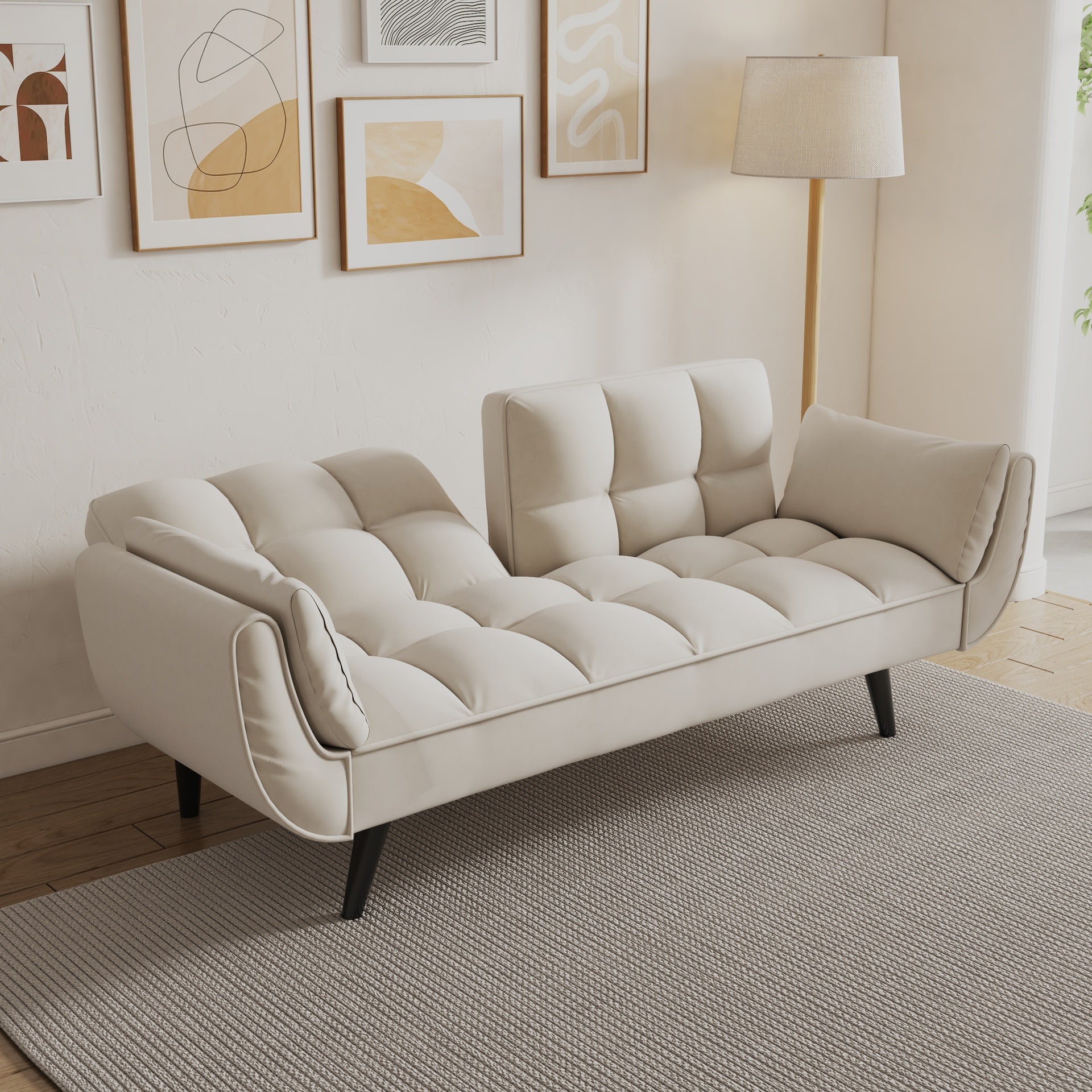 74 inch beige sofa soft two armrests throw pillow pillow comfortable fit apartment bedroom small space