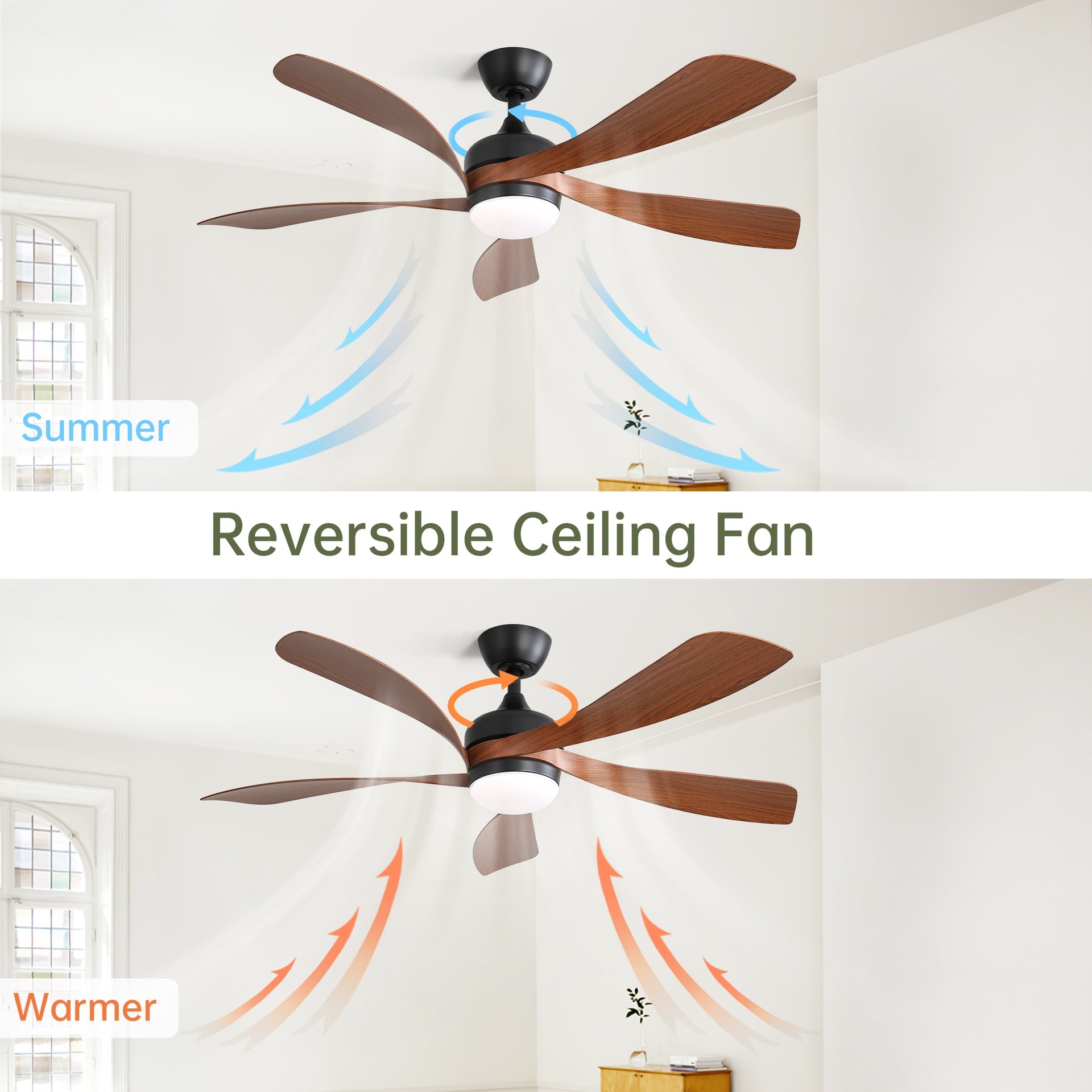 52 Inch Modern Ceiling Fan with 5 ABS Blades Noiseless Reversible DC Motor Black for Bedroom