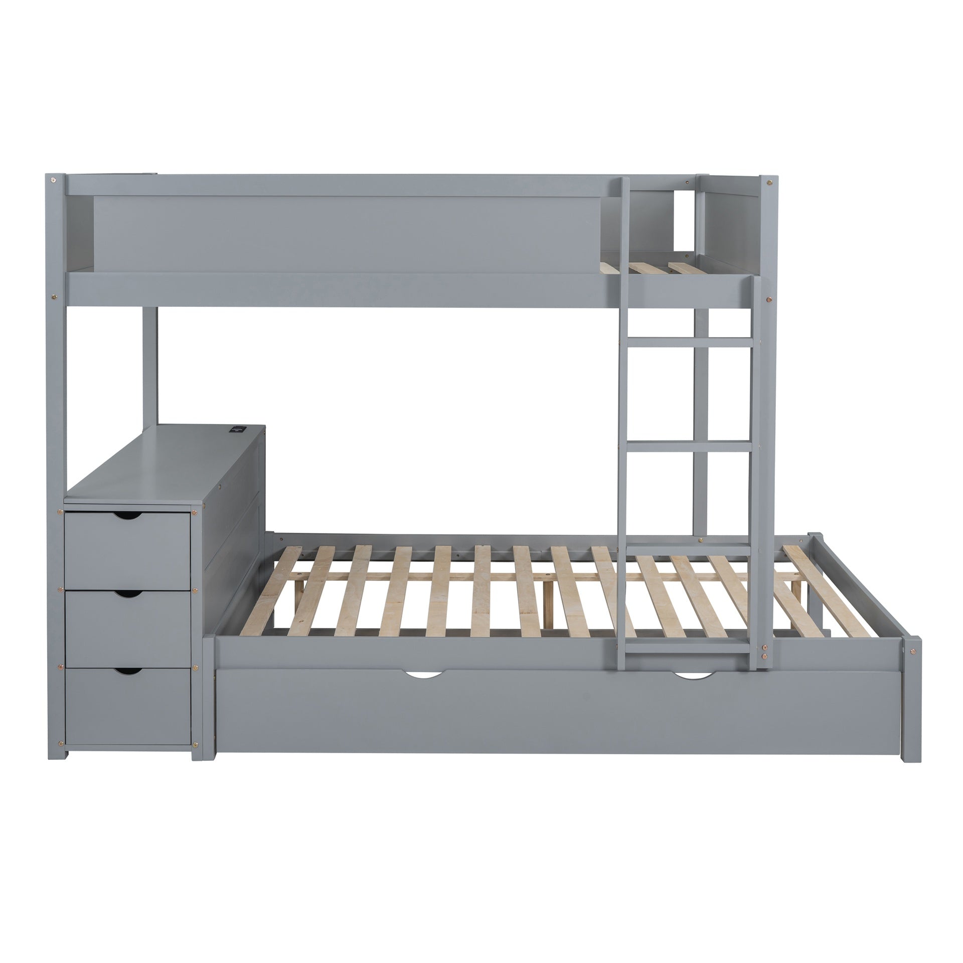 Full-Over-Full Bunk Bed with Twin size Trundle, Storage and Desk, Gray