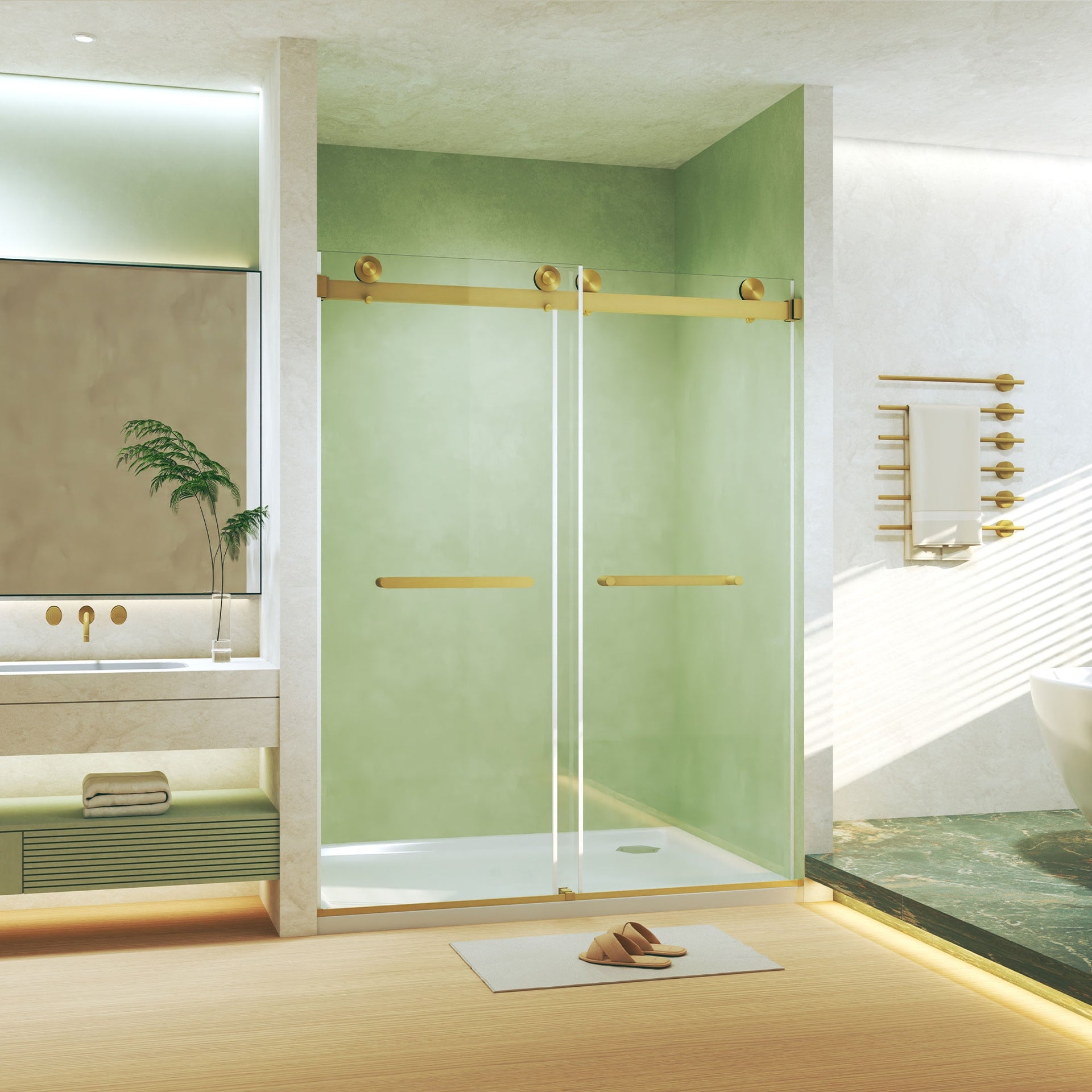 Frameless Double Sliding  Shower Door 56-60 "W x 74" H, 5/16 "(8mm) Tempered Glass, Explosion Proof Film, Stainless Steel Handle, Square Tube Track, Brushed Gold