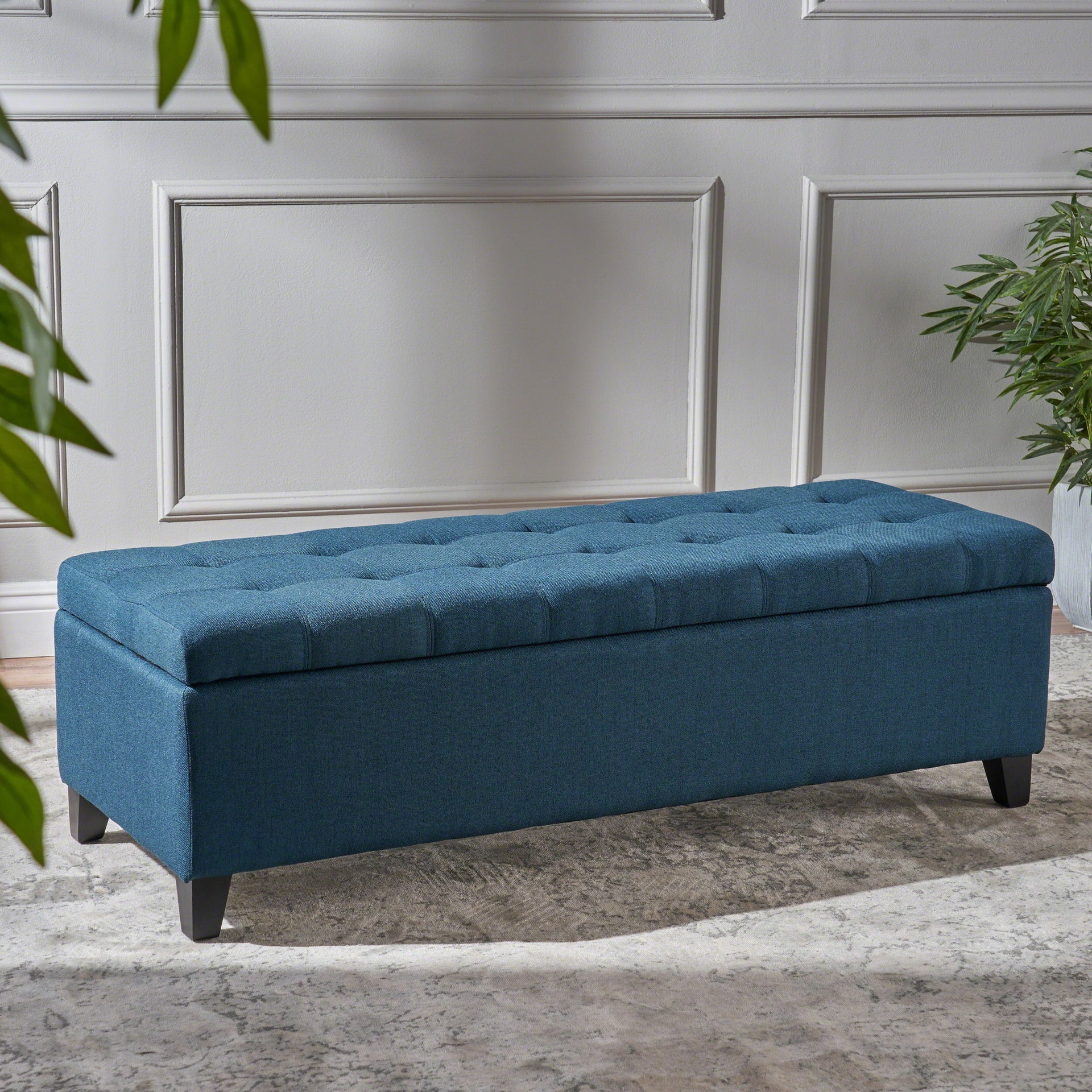 Upholstered Storage Ottoman Bench, Entryway Bench, End of Bed Bench, Ottoman Foot Rest for Bedroom, Navy Blue, 300lbs