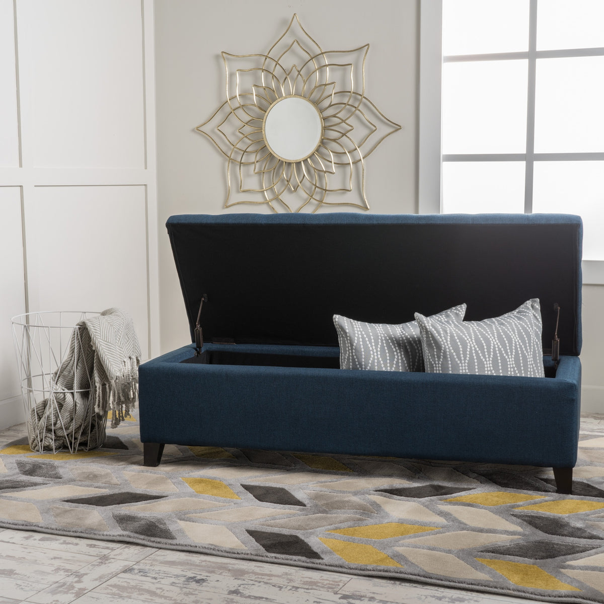Upholstered Storage Ottoman Bench, Entryway Bench, End of Bed Bench, Ottoman Foot Rest for Bedroom, Navy Blue, 300lbs