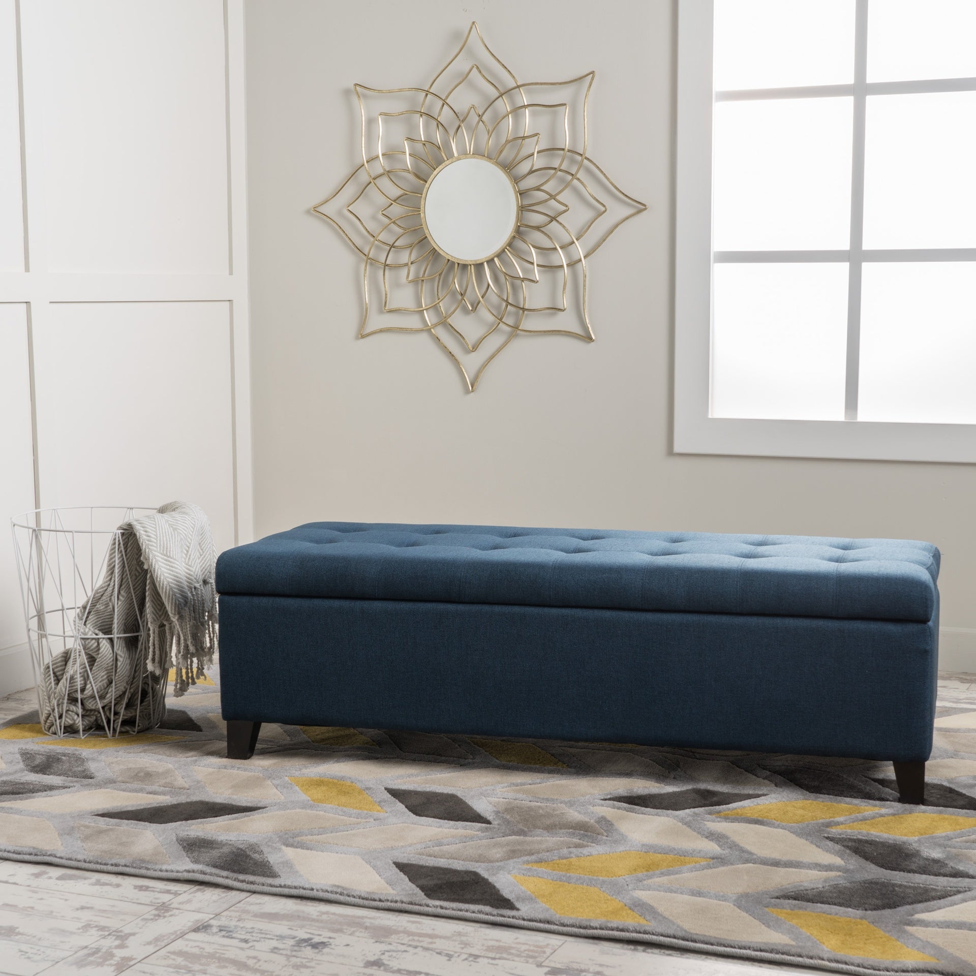 Upholstered Storage Ottoman Bench, Entryway Bench, End of Bed Bench, Ottoman Foot Rest for Bedroom, Navy Blue, 300lbs