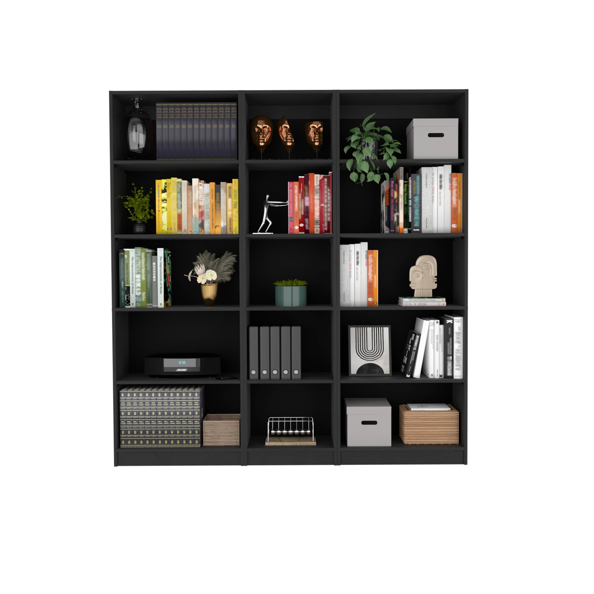 Luetz 3 Piece Home Bookcase set, 67" Wide with 15 Shelves ,  Living Room Set Set  Black