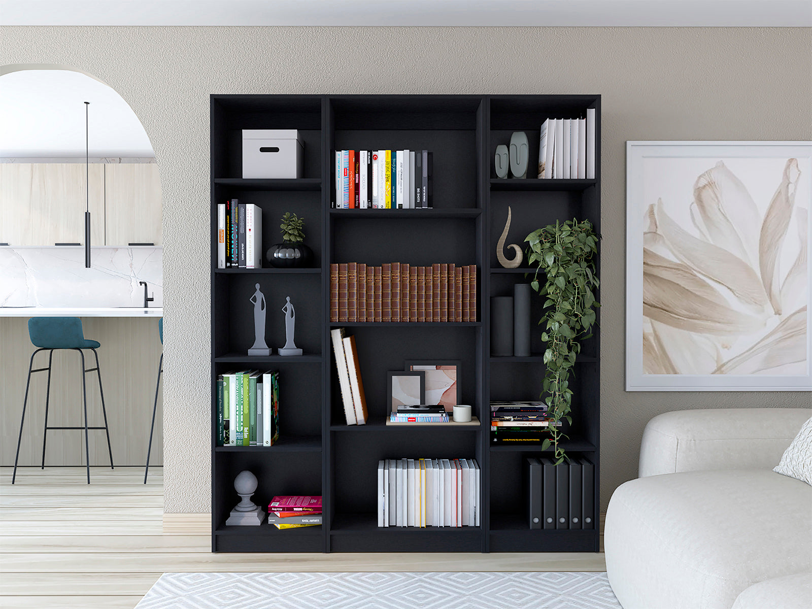 Davie 3 Piece Home Bookcase set, 60" Wide with 14 Shelves ,  Living Room Set Set  Black