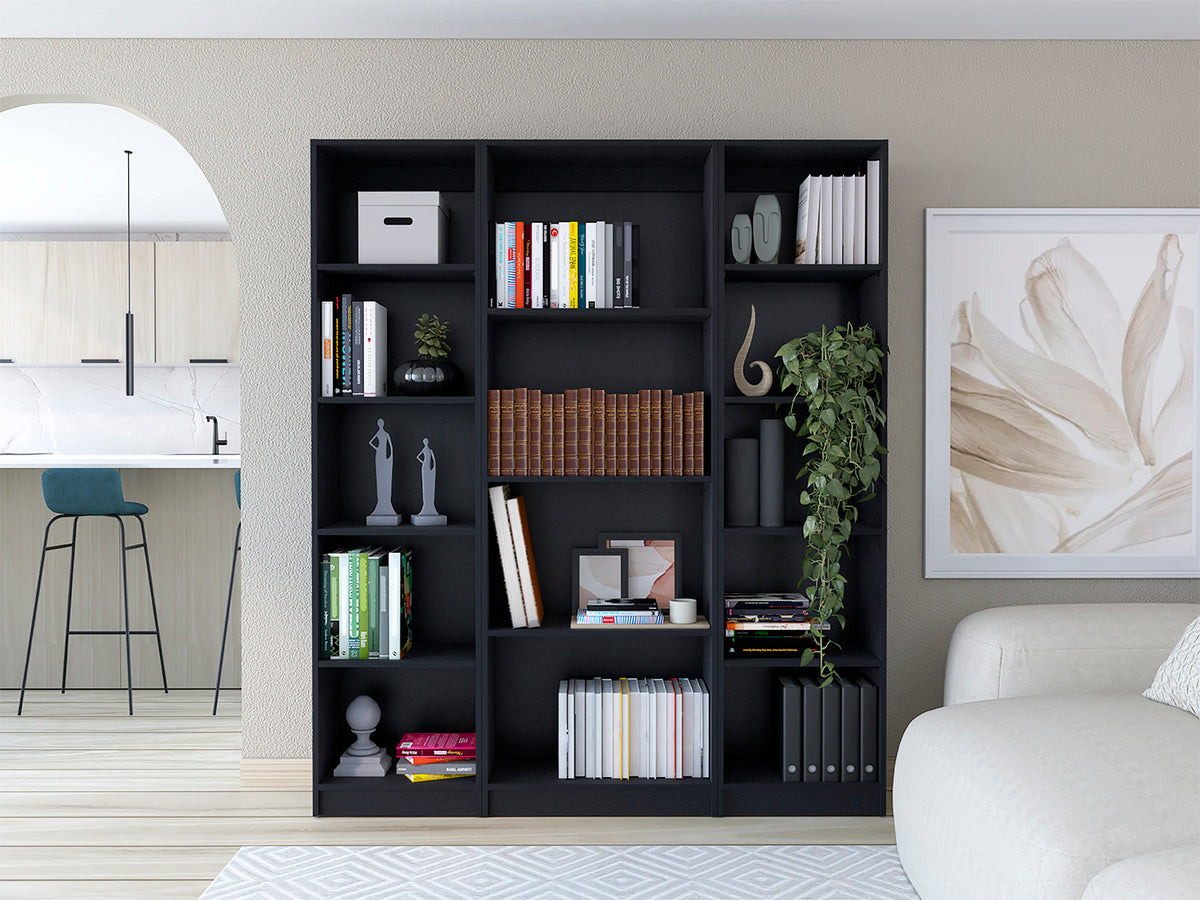 Davie 3 Piece Home Bookcase set, 60" Wide with 14 Shelves ,  Living Room Set Set  Black