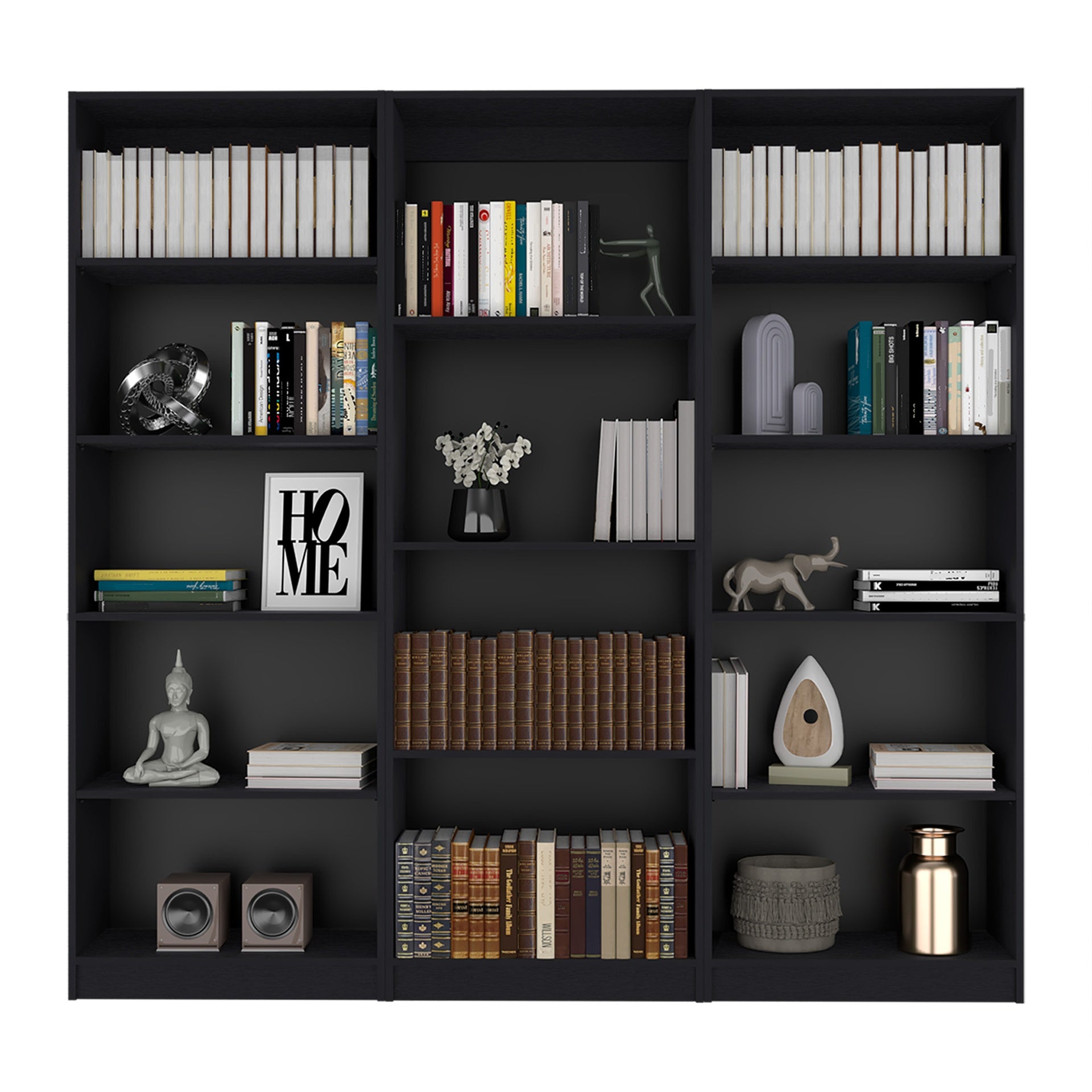 Bartow 3 Piece Home Bookcase set, 74" Wide with 14 Shelves ,  Living Room Set Set  Black