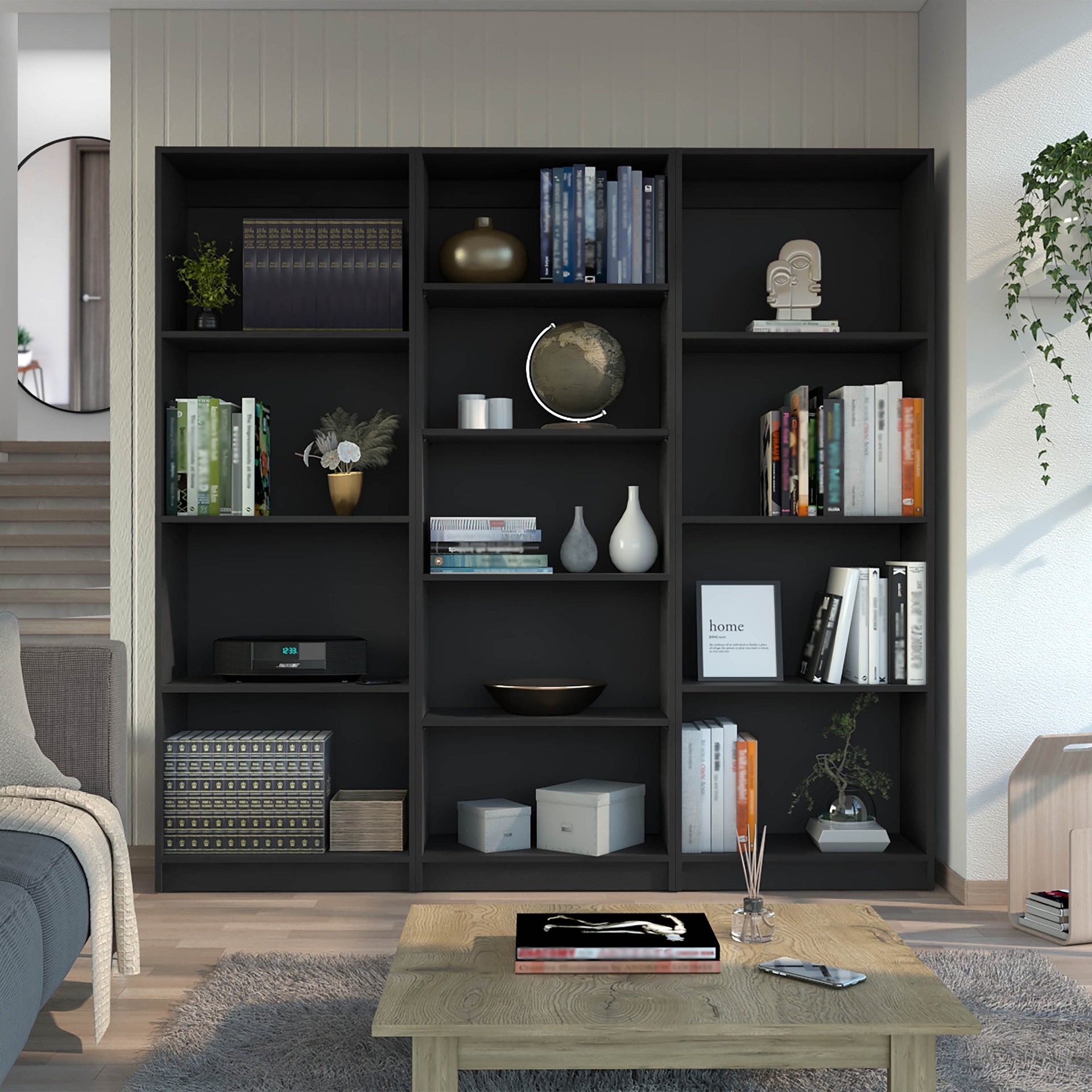 Lainor 3 Piece Home Bookcase set, 74" Wide with 13 Shelves ,  Living Room Set Set  Black