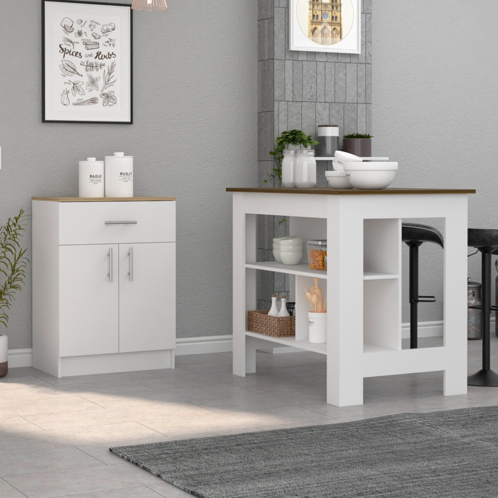 2 Piece Kitchen Set, Kitchen Island + Pantry Cabinet , White /Walnut /Light Oak