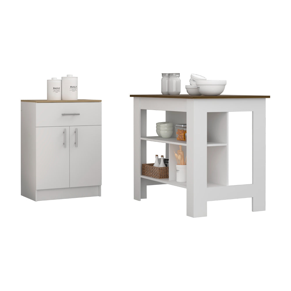 2 Piece Kitchen Set, Kitchen Island + Pantry Cabinet , White /Walnut /Light Oak
