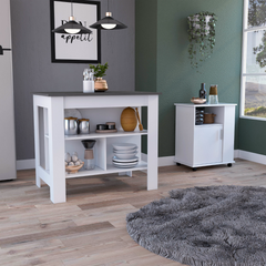 2 Piece Kitchen Set, Kitchen Island + Lower Microwave Pantry Cabinet , White /Onyx