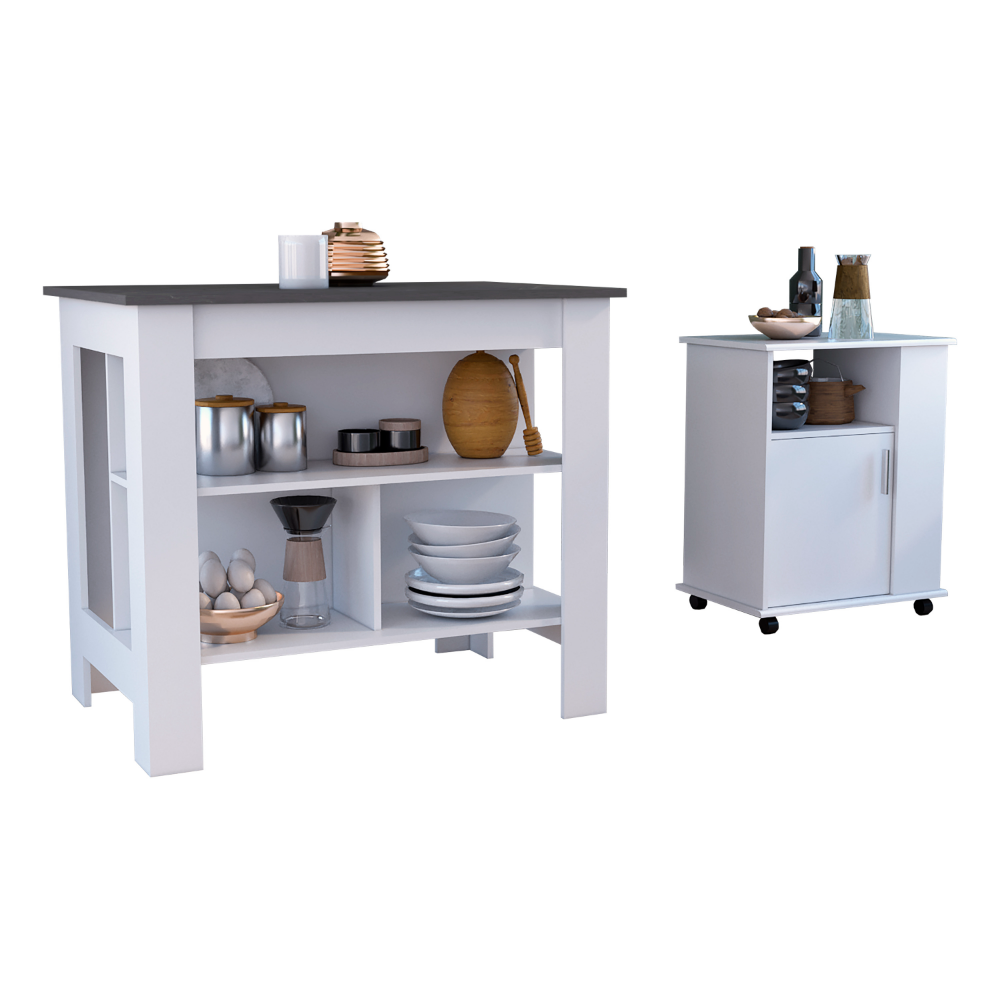 2 Piece Kitchen Set, Kitchen Island + Lower Microwave Pantry Cabinet , White /Onyx
