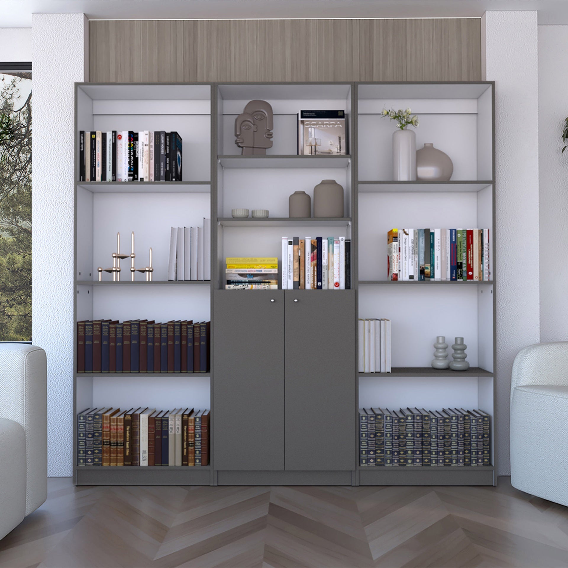 Duette 3 Piece Home Bookcase set, 74" Wide with 11 Shelves and 2-door Cabinet ,  Living Room Set  Matt Gray / White
